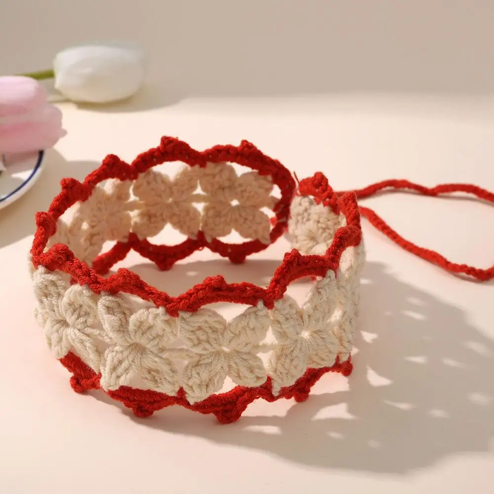 

Sweet Lovely Knitted Headband Crochet Hollow Headscarf Women Girls Knitted Hair Ribbon Small Flower Lace-Up Hair Band Bandana