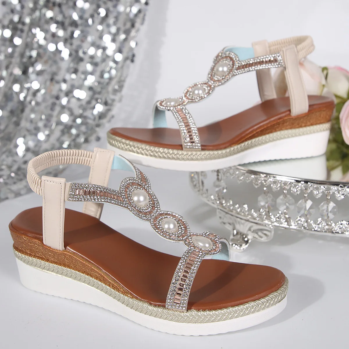 Pearls Crystal Summer Wedge Sandals 2025 Fashion Slip On Platform Bohemian Beaded Shoes Woman Heels Plus Size 42 Sandels Mujer