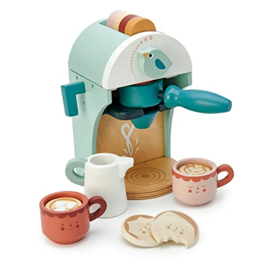 Pretend play babyccino maker wooden coffee machine for ages 3+, espresso capsules and cups included, premium wood material, nat
