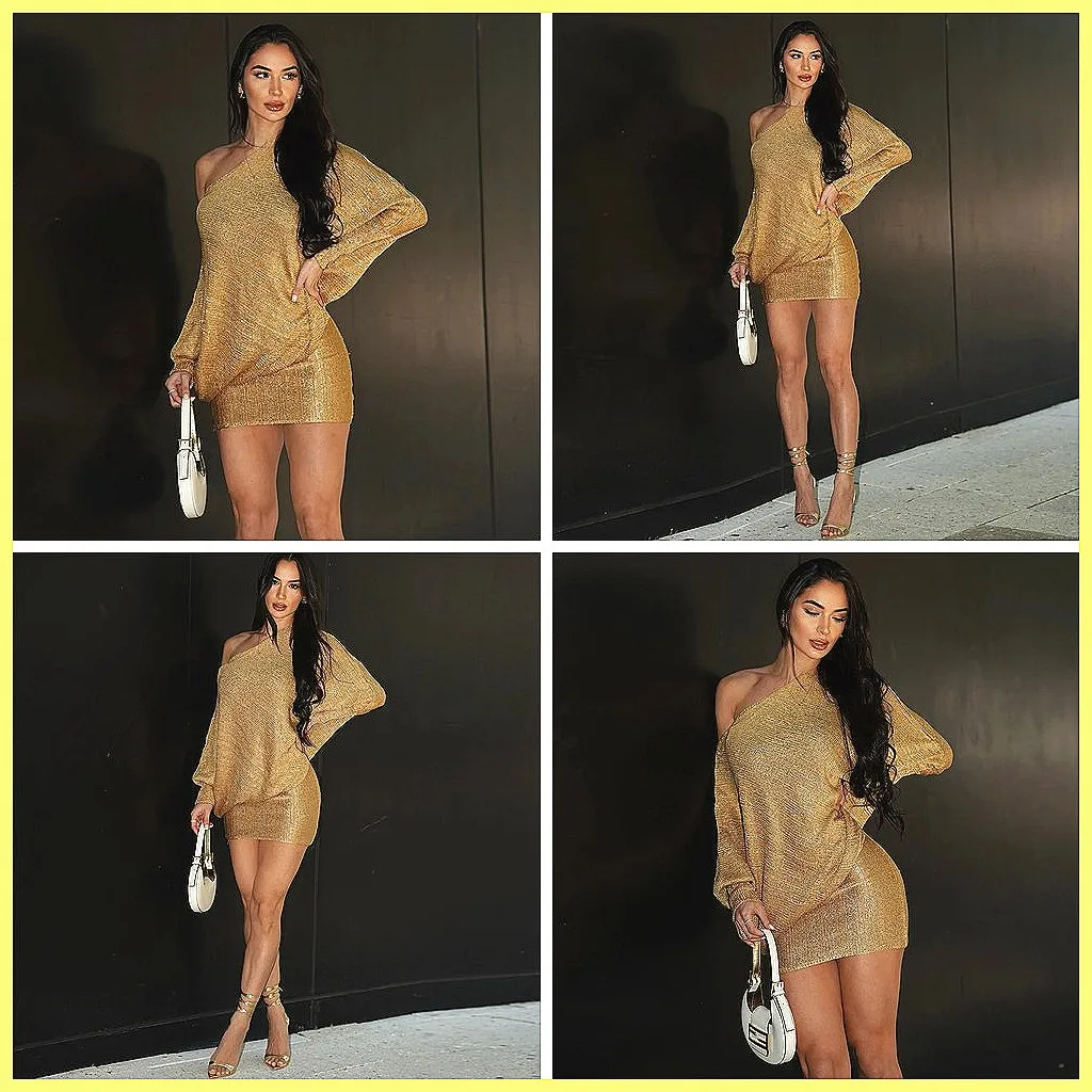 

Sexy Sequin Cocktail Dress for Women, Elegant Slash Neck & Bat Sleeve, High Waist Slim Mini Party Dress