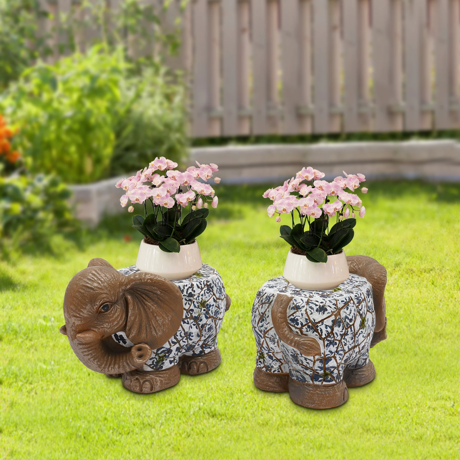 

2 шт. Декоративные садовые табуреты в форме слона из оксида магния, ручной росписи, сине-белые, фарфоровые, резные, для использования в помещении и на улице, напольные