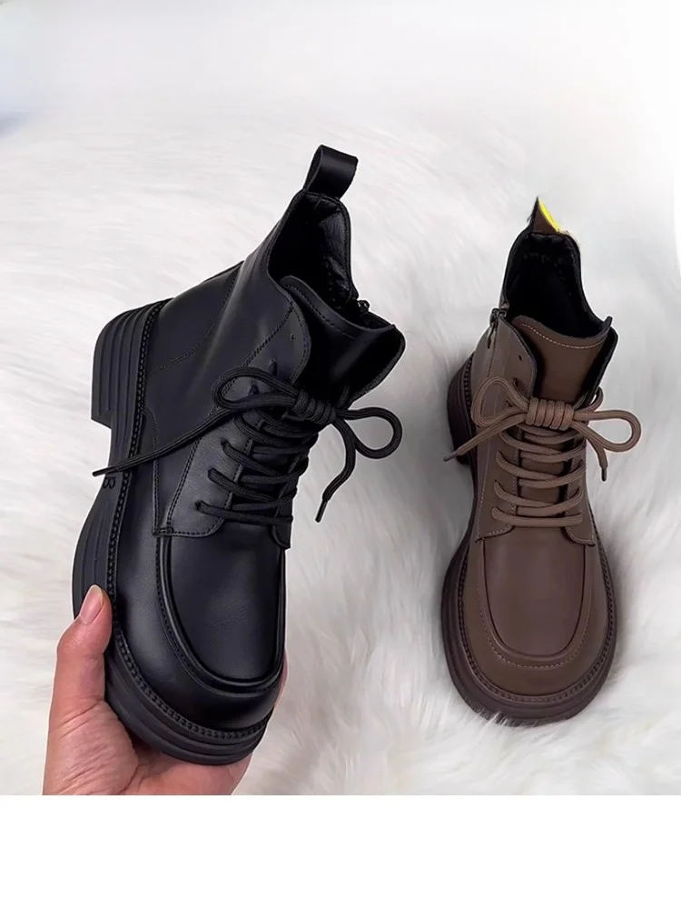 

Кожаные женские ботинки-полусапожки в британском стиле, универсальные, зимние, теплые, с резиновой подошвой, с круглым носком