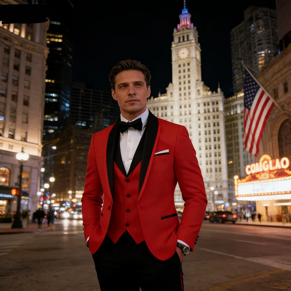 

Men's Casual Slim Fit Tuxedo 3-Piece Set - Solid Color Business Formal Suit with Shawl Lapel One-Button Blazer Vest Pants