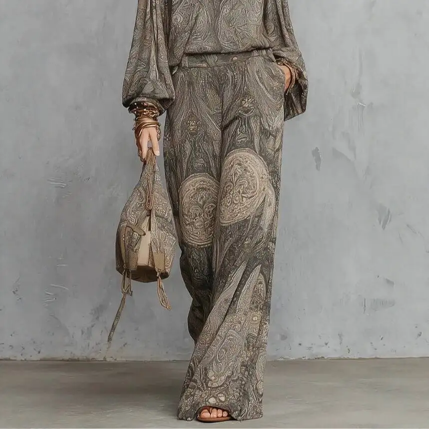 Fashionable Street Style Loose Printed Pants Set High Waist Wide Leg Pants Vintage Paisley Pattern Women's Casual Wear