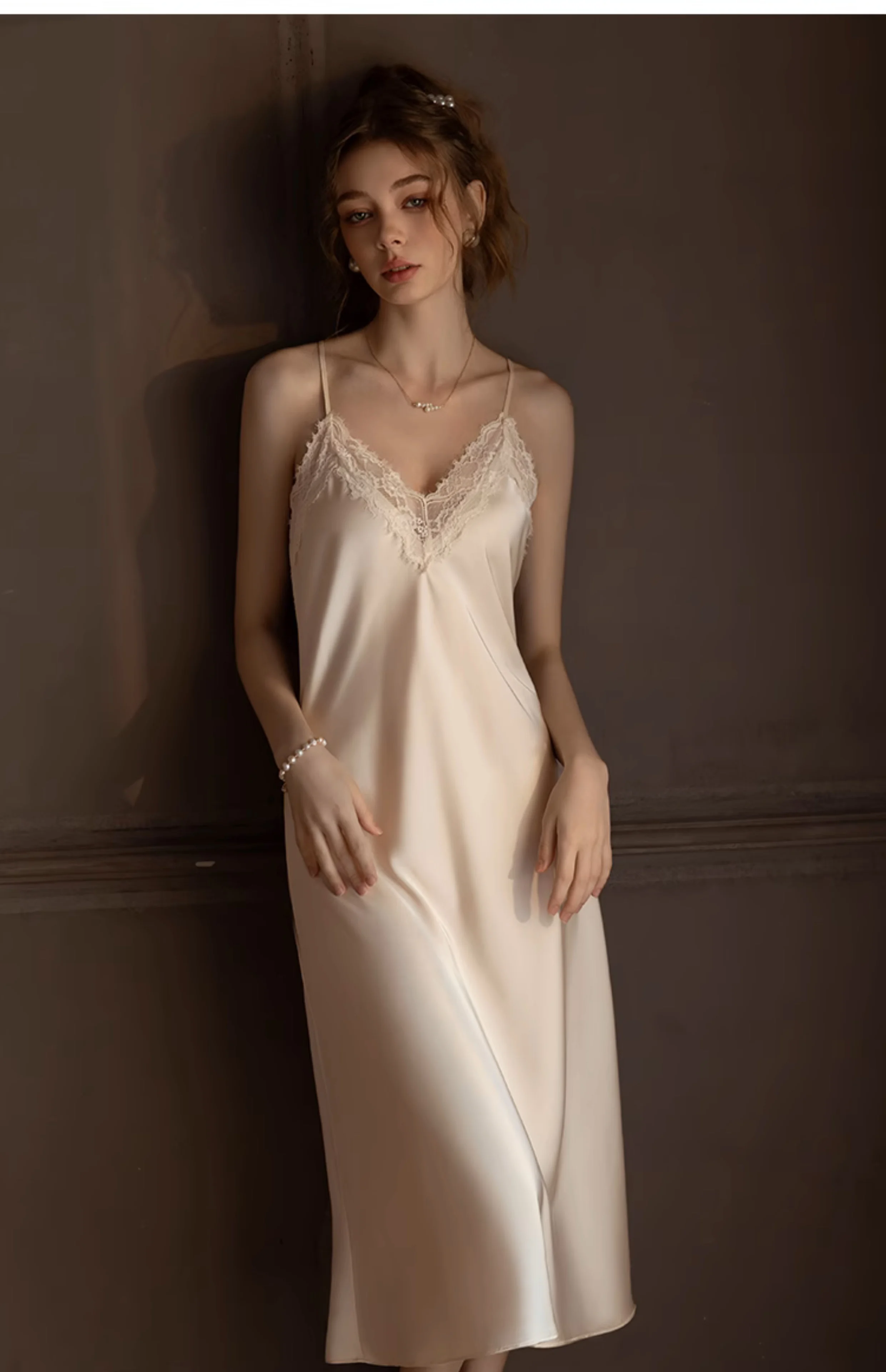Winsleter, Sexy Suspender Strap Night-robe Set, Women Backless Lace, French 3/4 Sleeve Robe Sling Dress, 2025 Spring S4D922CC