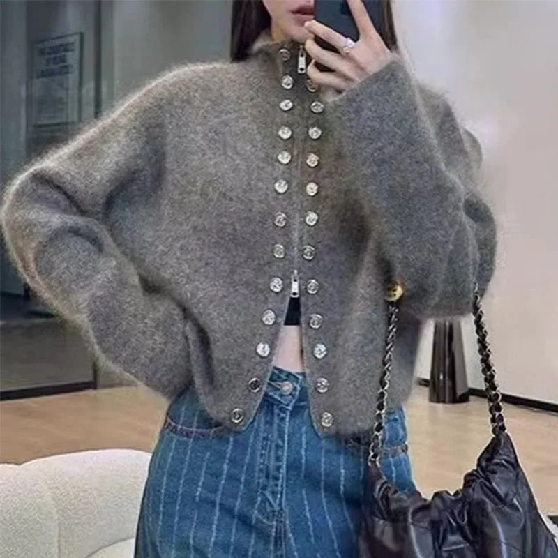 

Женский пушистый свитер, кардиган, осень-зима, женские двубортные вязаные пальто, однотонный женский трикотаж на молнии с воротником-стойкой