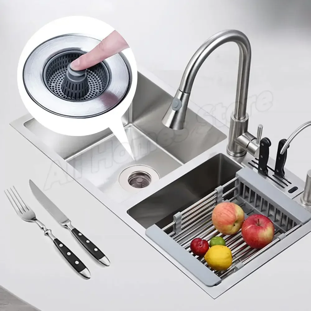 Kitchen Sink Drain Strainer 3-in-1 Stainless Steel Sink Stopper Pop Up Anti-clogging Sink Stopper with Detachable Drain Basket