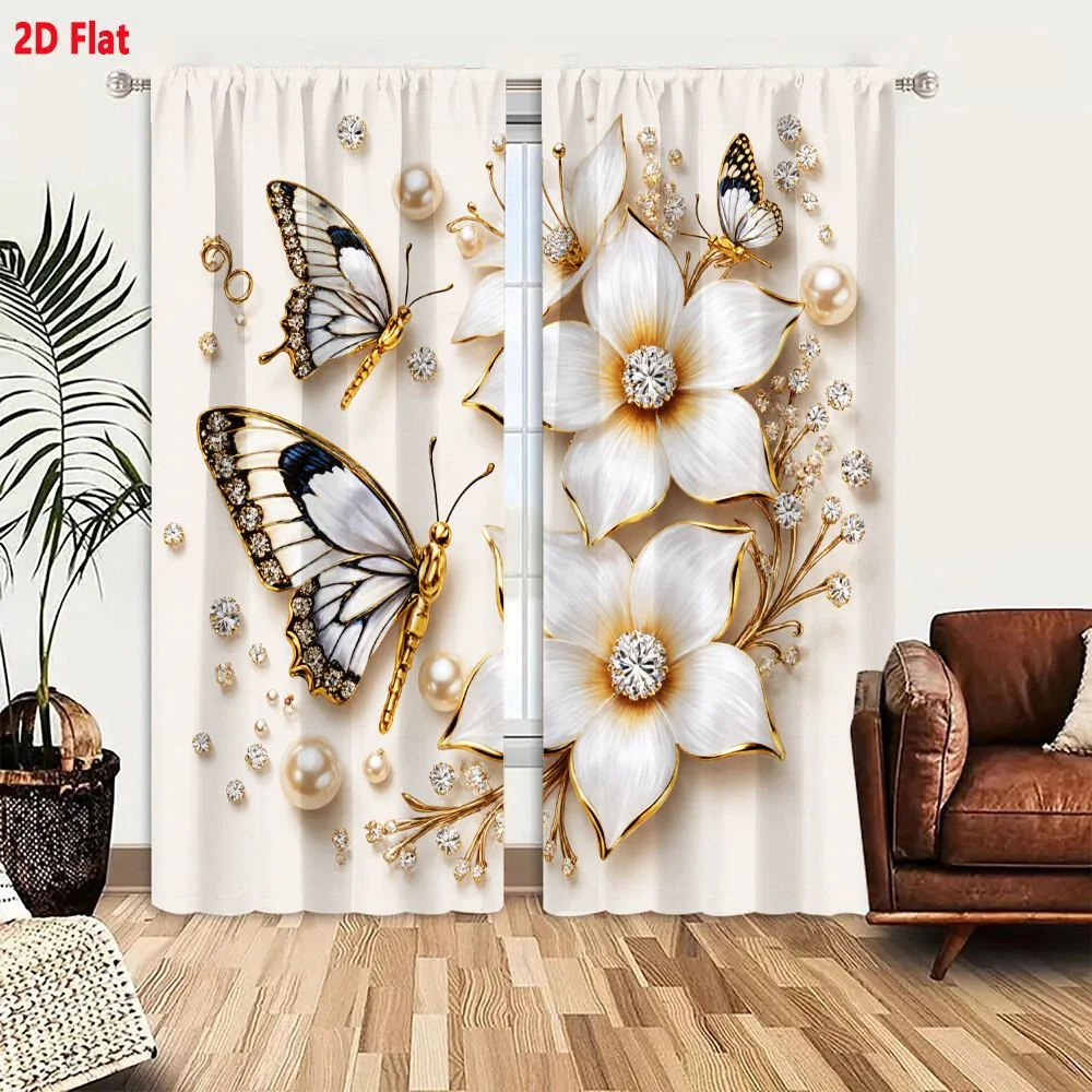 2Pcs Curtains 2D Flat White Flowers With Golden Accents And Gemstones Ornate Butterfly Arrangement Decorative Jewelry Art Window