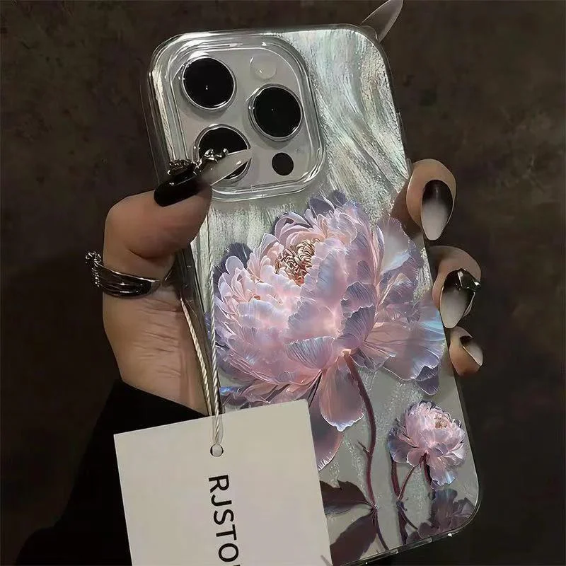 

Five Golden Lotus Pattern Phone Case for iPhone 16E 16 15 14 13 12 11 Pro Max X XS XR 7 8 Plus 15 Pro SE2 Feather Texture Cover