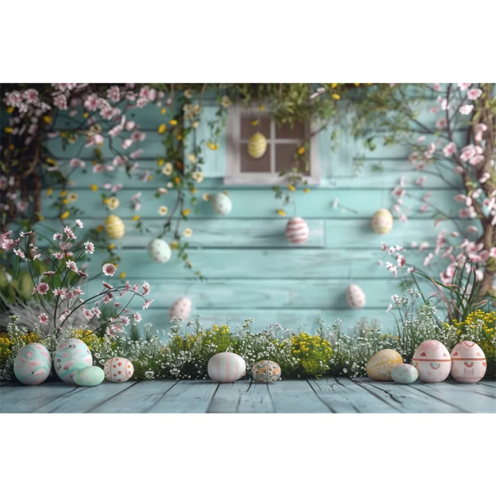 Wooden Wall Background for Easter Photography Eggs Flowers Bunny Newborn Baby Shower Prop Kids Party Photo Booth Backdrops