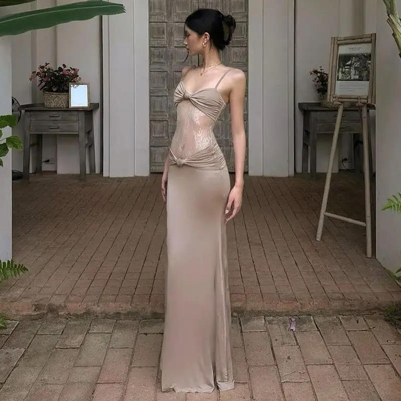 Sexy Ele Hollow out Me Splice Dr Abito trasparente in pizzo trasparente con spalline a vita alta Ci Walk Summer Faion