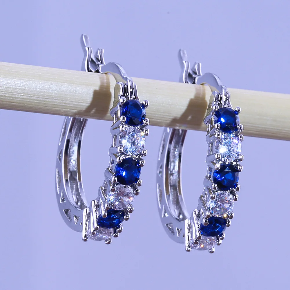 Hot Sale 925 Silver Needle Hoop Earrings For Women With Round Red Green Blue Gemstones Ear Jewelry For Wedding Party Wholesale