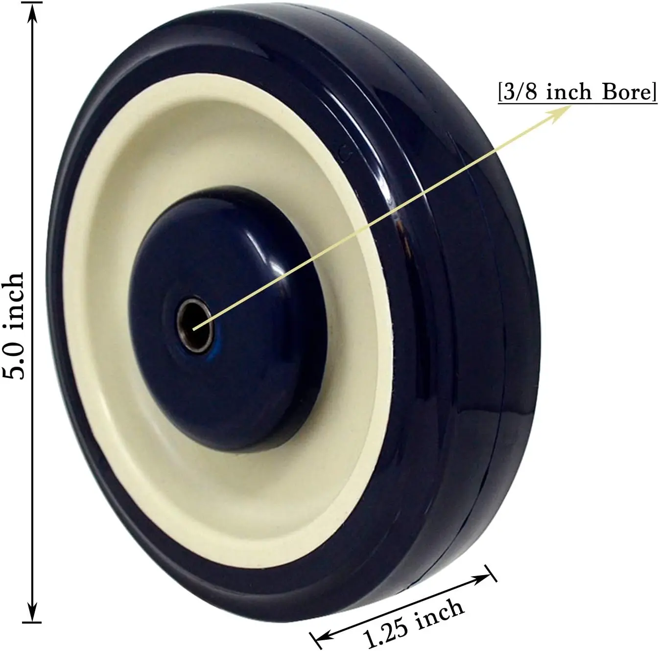 

Cart 5"x1-1/4" 3/8"Bore Polyurethane Wheel - Load Capacity 350Lbs each (20-Pack 3/8" Bore(Navy/Beige))