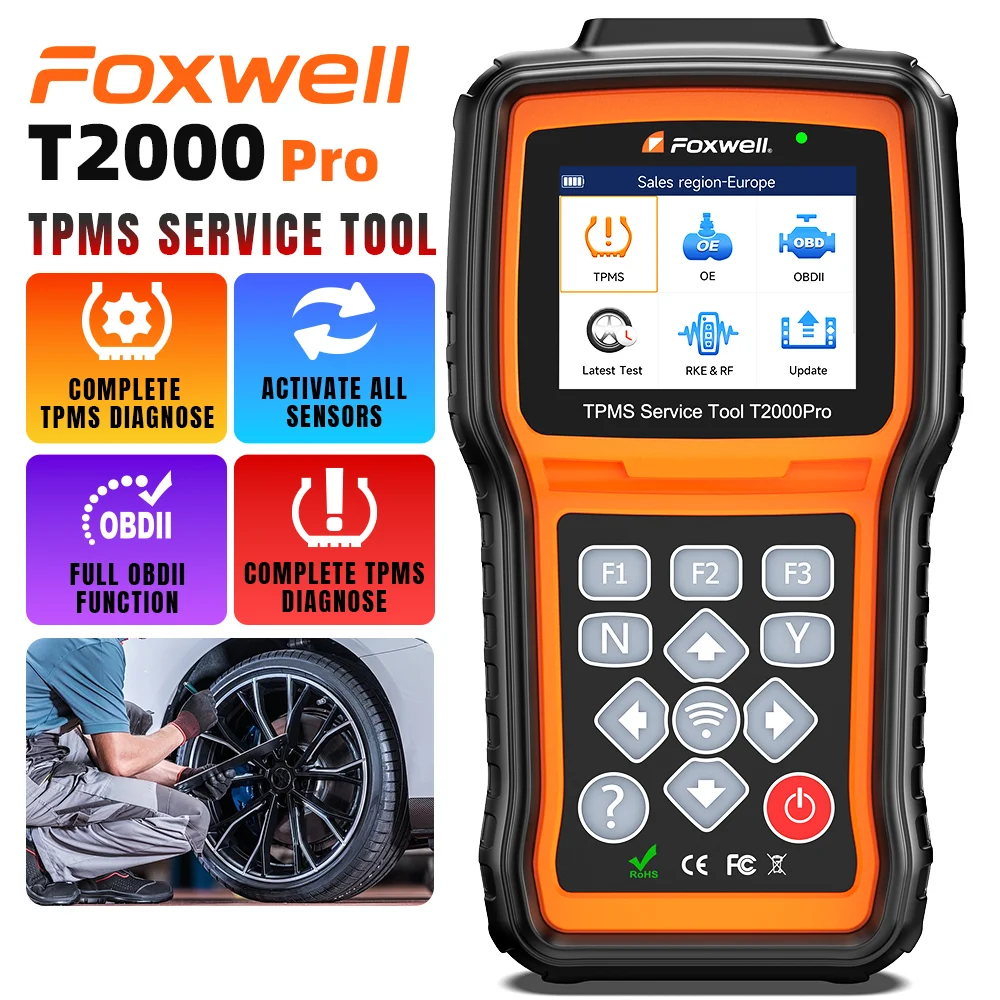 FOXWELL T2000 Pro Outil TPMS: Activation/Réapprentissage/Réinitialisation Capteurs 315/433MHz, Scanner OBD2, Test Clé, Mise à jour Gratuite à Vie