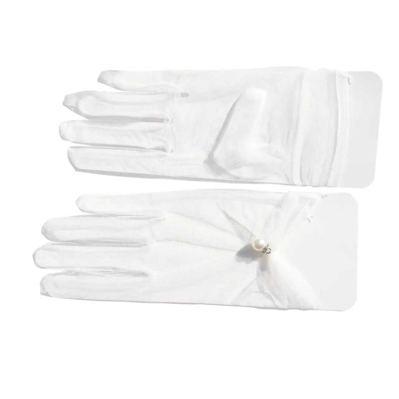 Wg014 elegante Braut Hochzeit weiße kurze Handschuhe Tüll Perlen Perlen Frauen Handschuh Braut Brautjungfer Finger Handgelenk Handschuhe