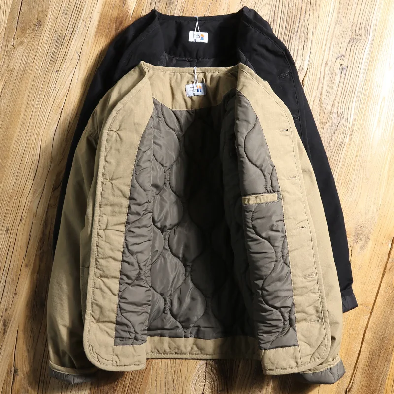 Outdoor Autumn and Winter Cycling Collarless Cotton-padded Jacket for Men, Quilted Waterproof and Warm Inner Liner Work Jacket