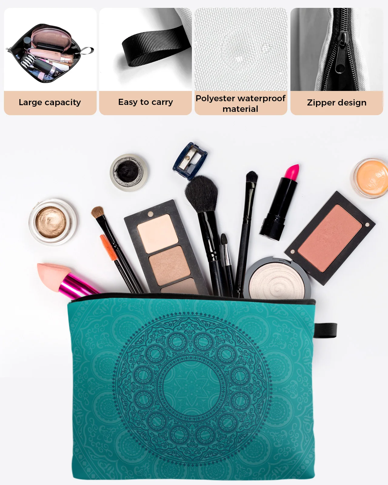 Bolsa de maquiagem turquesa Mandala Bobo, Travel Essentials Pouch, Sacos cosméticos para mulheres, Organizador de banheiro para crianças, Lápis, Armazenamento