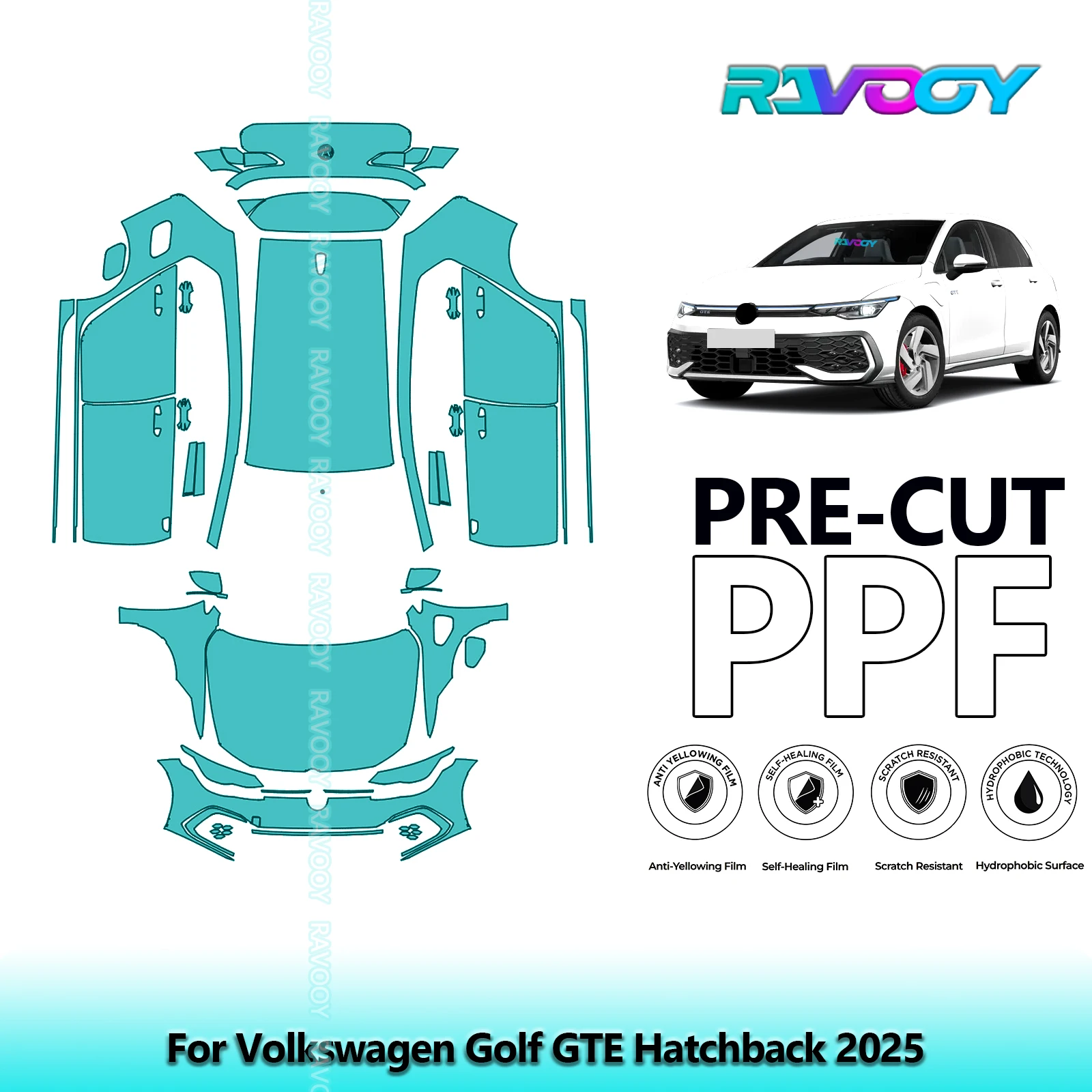 RAVOOY Vehicle-Specific Precut TPU PPF Film Full Vehicle Clear Bra Stone Chip Guard EU UK For Volkswagen Golf GTE Hatchback 2025