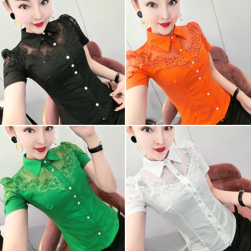 MadBlack Summer Women\'s Short Sleeve Shirts Embroidery Lace Hollow Out Blouses Women Turn Down Collar Tops Office 2023 T35225C