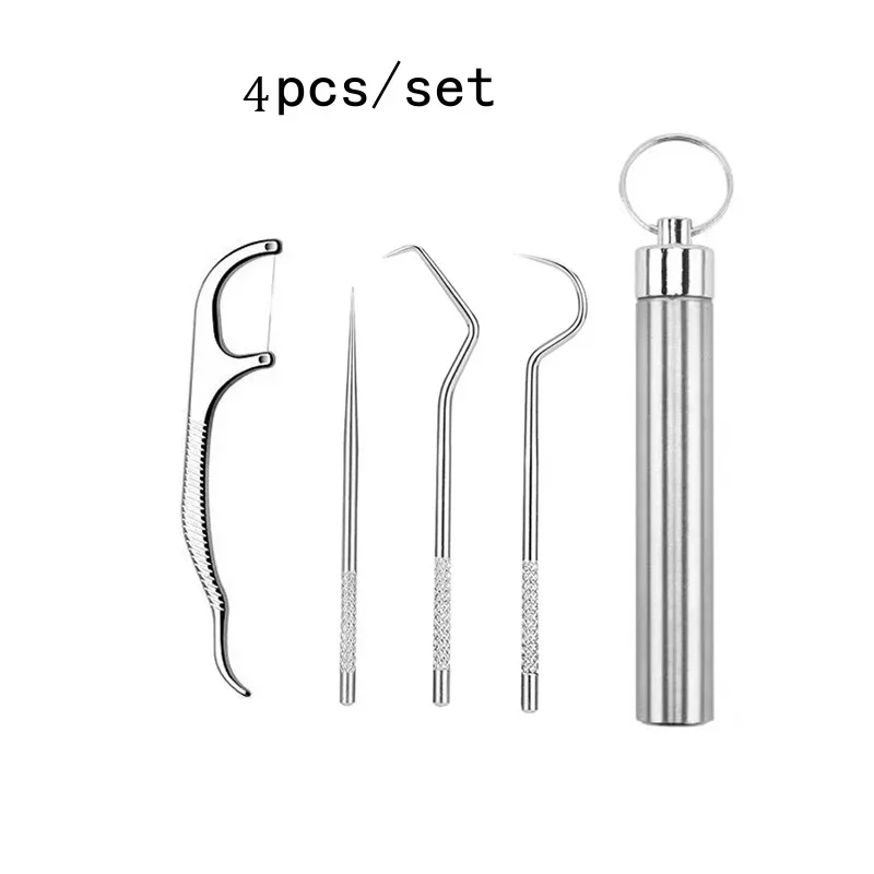 Juego de palillos de dientes de acero inoxidable, herramienta de hilo dental reutilizable para limpieza bucal, eliminación de sarro con tubo de almacenamiento