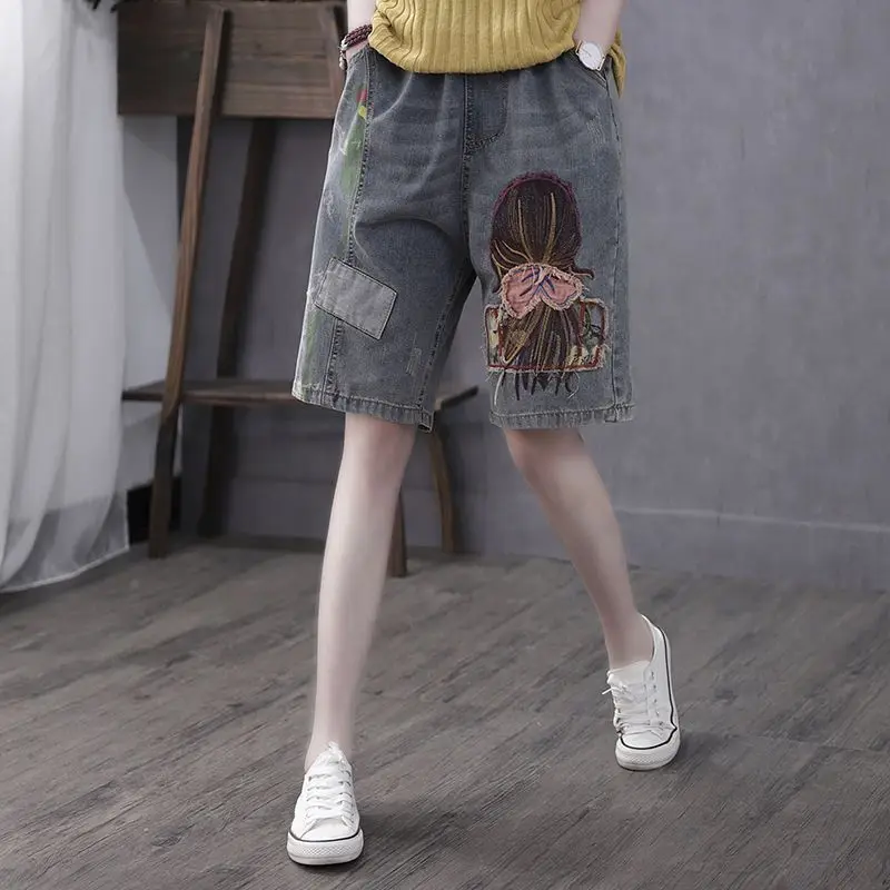 Women Summer Simplicity Loose Fashionable Embroidered Appear Thin High Waist Straight Women Clothes All-match Quarter Shorts