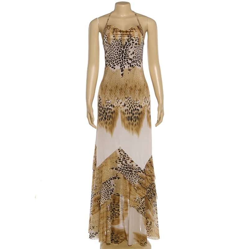Sisterlinda Damen Langes Kleid mit Leopardenmuster, Trendiges Sexy Mode-Schnürkleid mit Neckholder, Rückenfreies Design, Tailliert, Rüschensaum, Elegantes Vestido – Detail 3