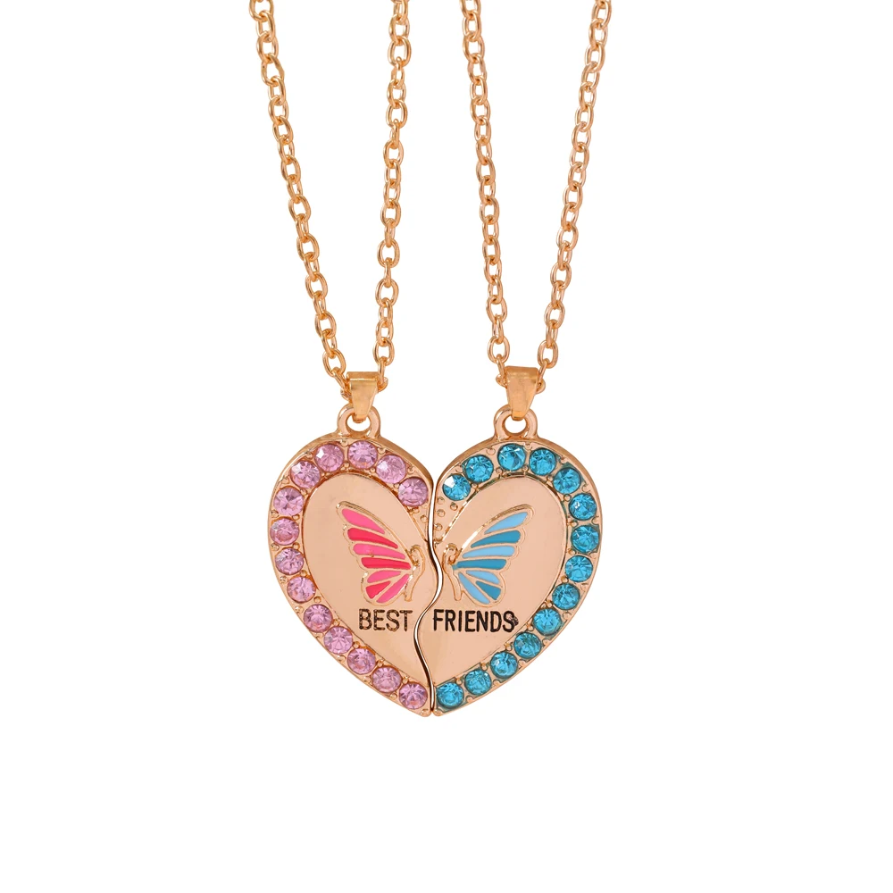 Golden Silvery Animal BFF Blue Pink Crystal Broken Heart Best Friends Butterfly Pendant Necklace For Friendship Sisters Gift