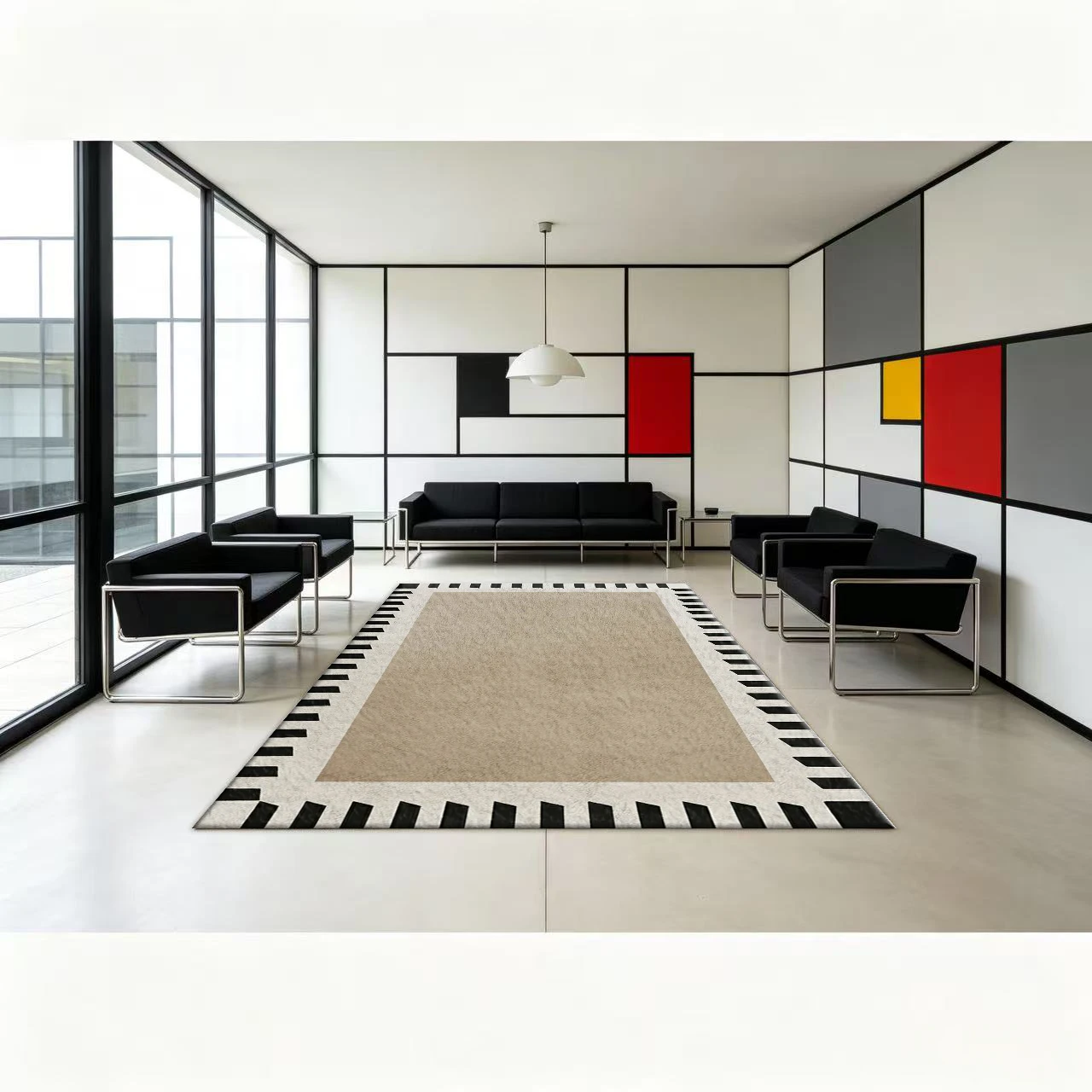 Neutral Beige Geometric Border Carpet Flooring, Modern Simple Non-Slip Area Rug for Living Room Dining Room Home Decor