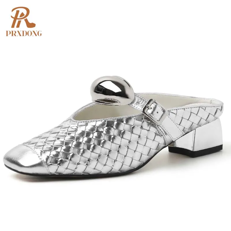 PRXDONG Women Shoes New Brand Summer Quality Med Heels Open Toe Gold Silver Dress Party Casual Lady Sandals Slippers Size 34-40