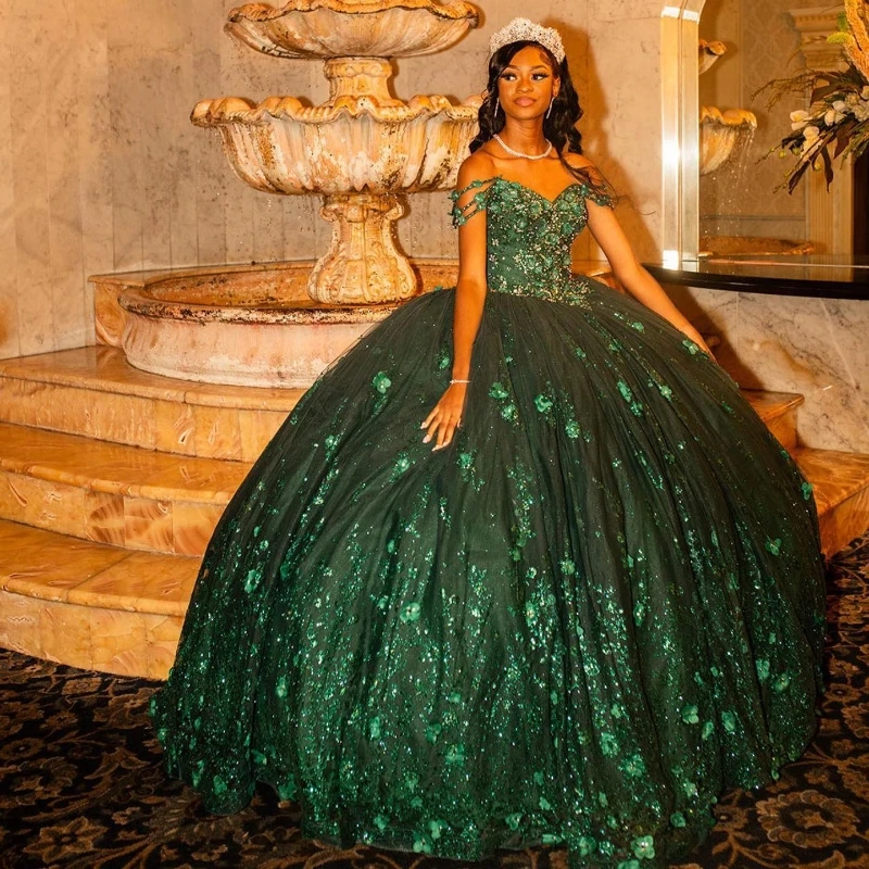 Personalizado verde negruzco brillo vestido para quinceañeras princesa tul flores apliques cuentas dulce 16 vestido Vestidos De 15 YQD282