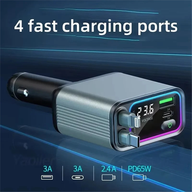 

A60E-Car Charger 90W 4 In 1 Fast Charge Car Phone Charger With Retractable Cable USB Type C Port Car Charger Adapter