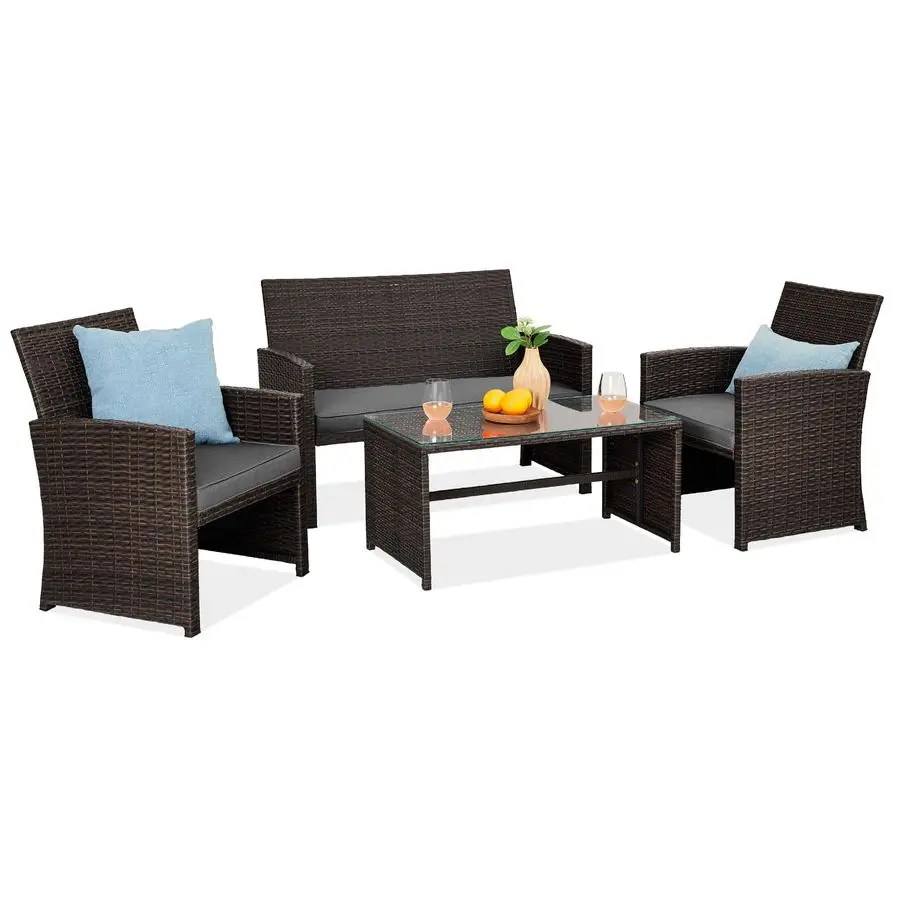 

4Piece Outdoor Wicker Patio Conversation Furniture Set for Backyard w Coffee Table, Seat Cushions Brown Stone Gray