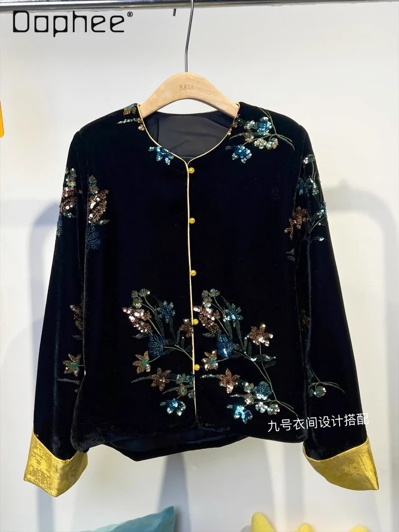 

High-end Heavy Embroidery Retro Velvet Jackets for Women Chinese Style Sequin Flower Round Neck Long Sleeve Loose Casual Jacket