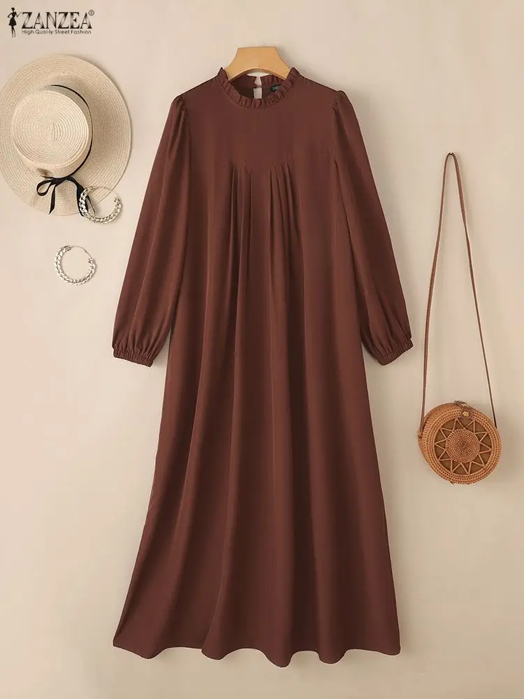 ZANZEA Frauen Modest Maxi Kleider Casual Oansatz Lange Ärmel Einfarbig Lose Versammelt Lange Kleider Muslimischen Hijabs Frau Kleidung