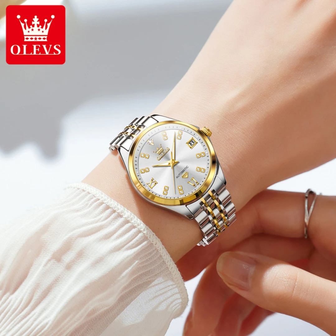 OLEVS 9801 Fashion Mechanical Watch Gift Stainless Steel Watchband Round-dial Wristwatch Calendar Luminous