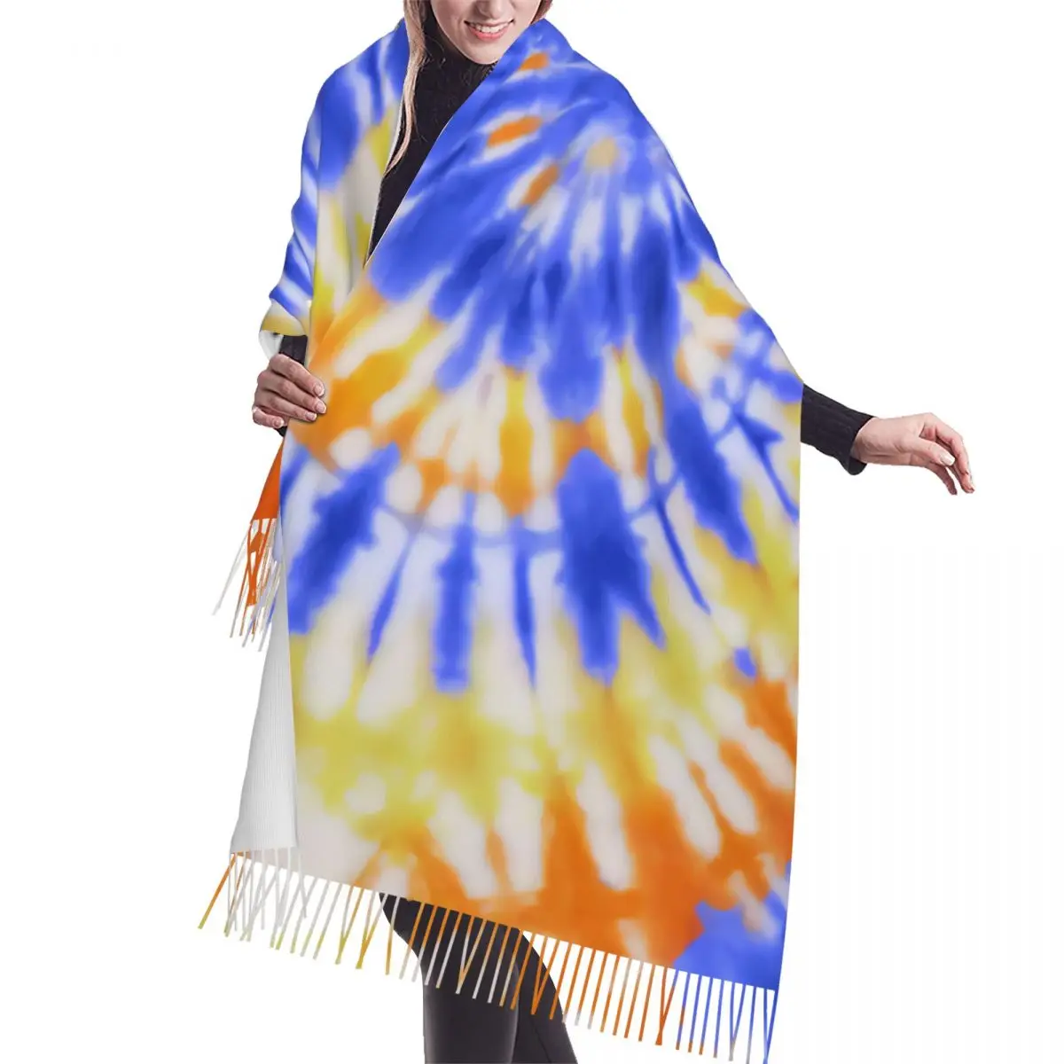 Custom Stylish Tie Dye Blue Orange And Yellow Tassel Scarf Women Winter Warm Shawl Wrap Female Traditional Dyeing Art   Scarves