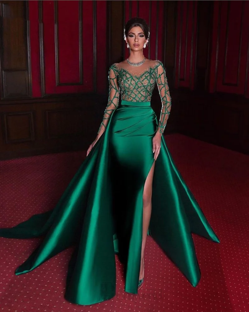 2023 Emerald Green Formal Dress Full Long Sleeves Satin Sexy Slit Beads Party Prom Gowns Elegant Mermaid Evening Dresses