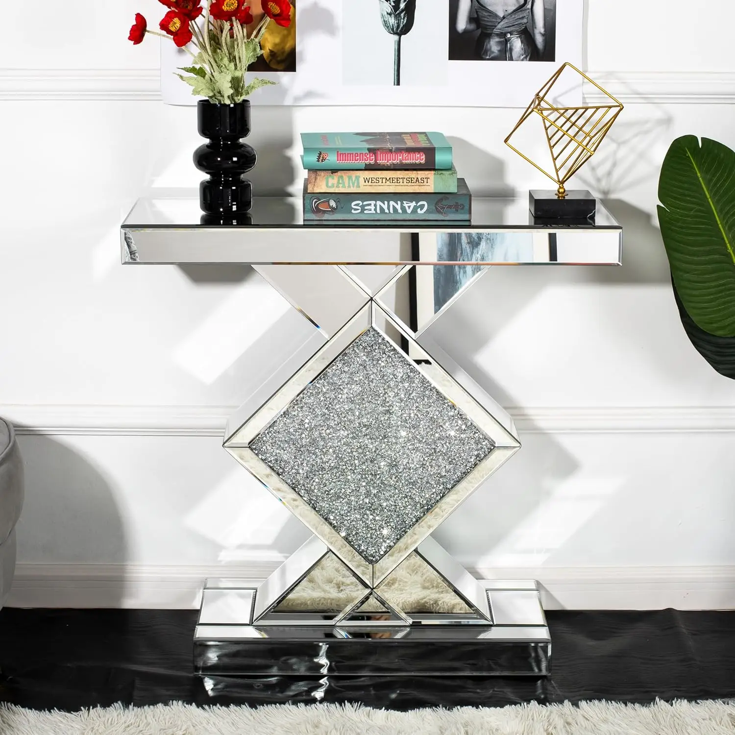 Mirrored, Silver Entryway with Diamond Shaped Mirror Finished, 31.5'' Long Accent Narrow Table, Glass Sofa Foyer