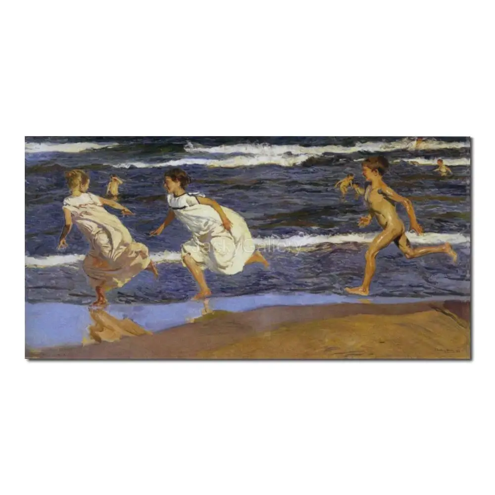 

Hand Painted Oil on Canvas Joaquin Sorolla Y Bastida Running Along Beach Picture Reproduction Figure for Dining Room Wall Decor