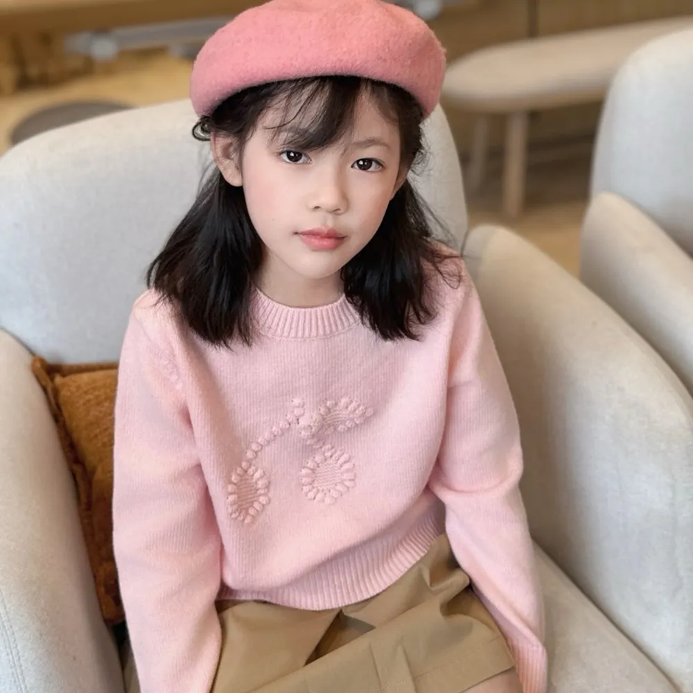 

winter sweaters kids girl clothes Pink three-dimensional cherry patterned sweater wool warmth Knitted pullover sweater