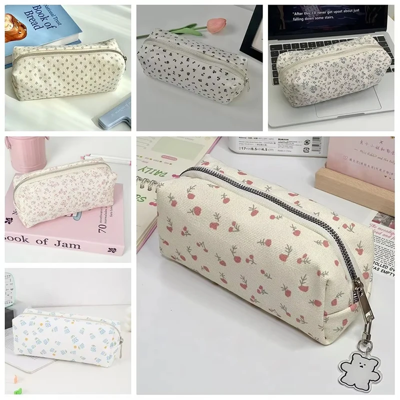 Bolsa para bolígrafos con estampado Floral estilo INS, estuche multifuncional para lápices de gran capacidad, bolsa de papelería, bolsa de maquillaje Floral pequeña y fresca para estudiantes