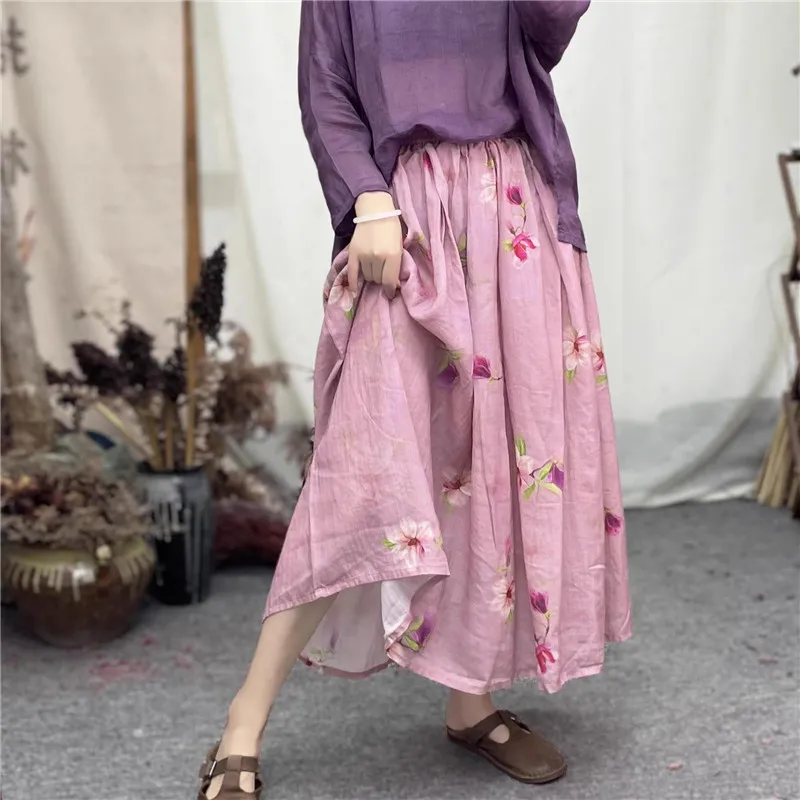Summer Ethnic Pink Flower Printed Skirt Women Draping Large Swing Elastic Waist Long Skirts Thin Soft Linen Skirt