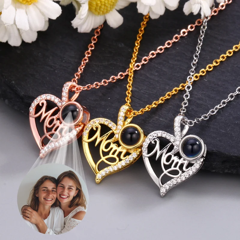

Custom Color Photo Projection Necklace MOM Hollow Heart Pendant Stainless Steel Chain For Women Mom Birthday Mother's Day Gift