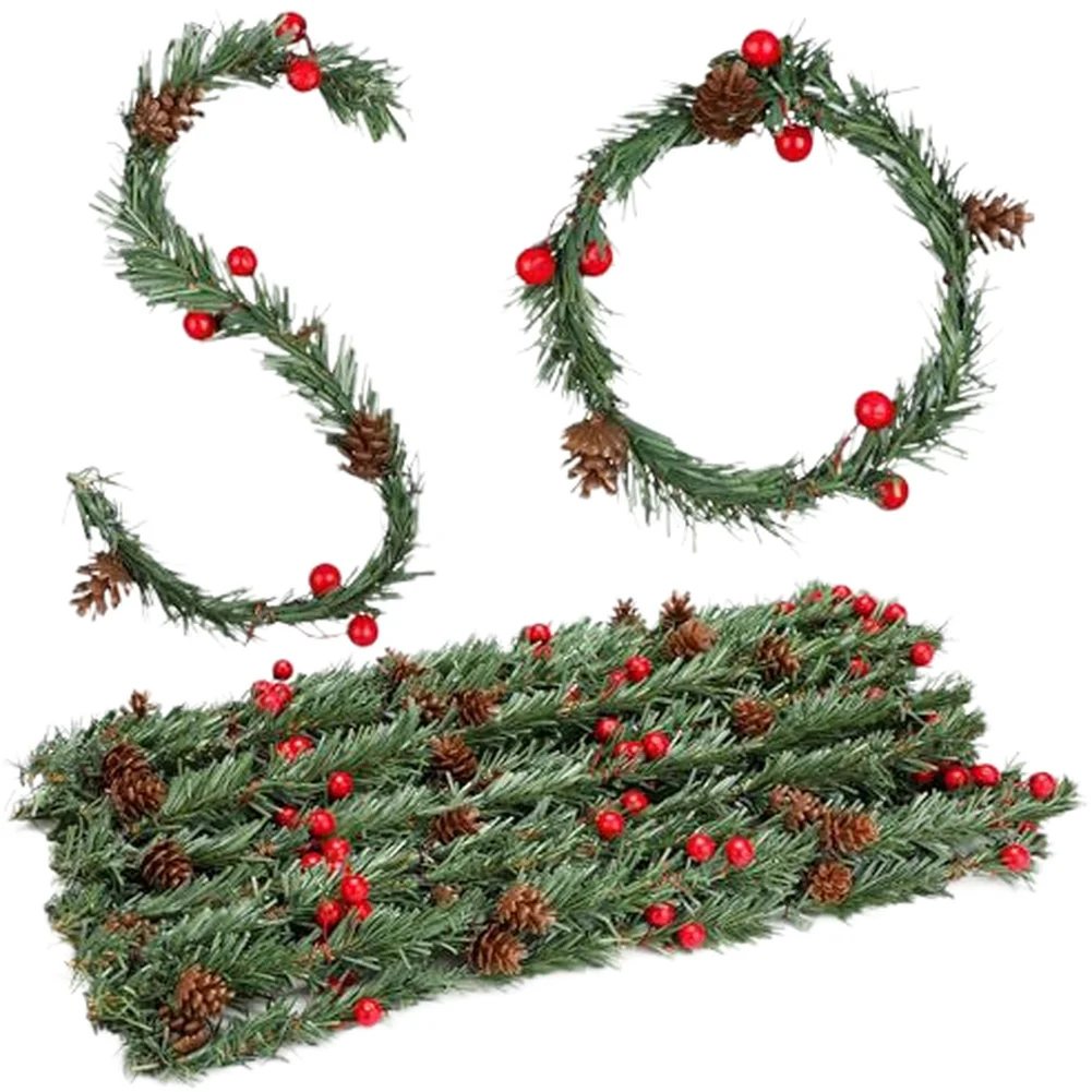 24pCS Christmas Wreath Garland With Red Berries Pine Cones PVC Festive Loop For Holiday Tree Railing Home Decoration Ornaments