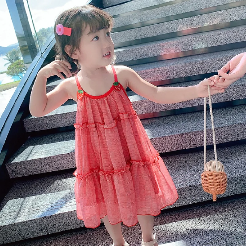 Girls' Strawberry Mesh Strap Dress26New summer children's clothing wholesale3-8Years Old