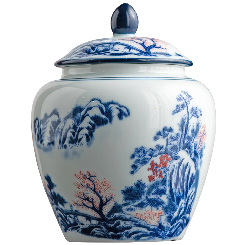 Creative Blue and White Porcelain Sealed Tea Jar Entwined Lotus Flower Enamel Storage Jar Interior Art Ornaments Home Decoration