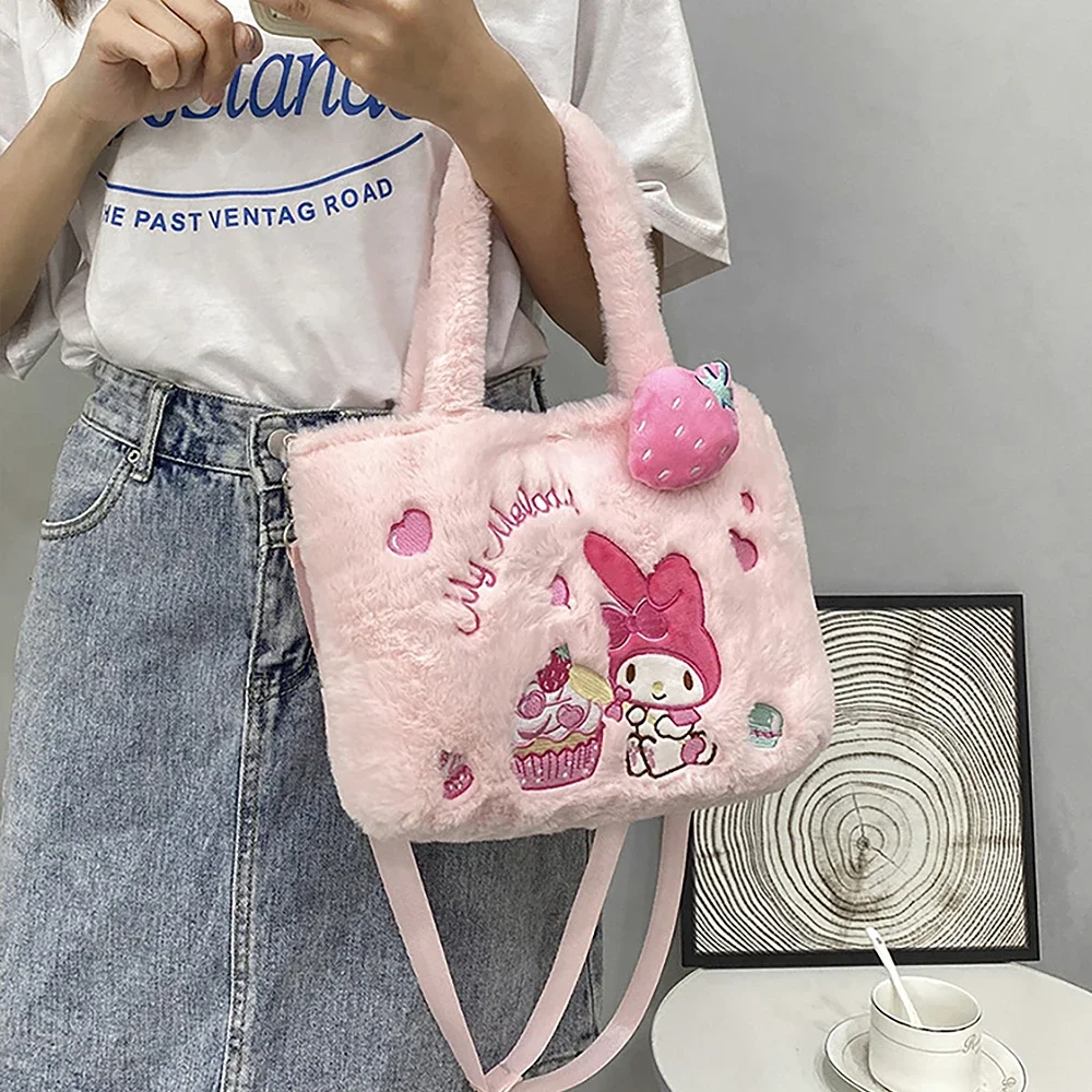 Sanrio-Bolso de felpa de Hello Kitty para mujer, bolsa Kawaii Kuromi My Melody, bolso de mano de Anime de dibujos animados, Cinnamoroll, bolsas de almacenamiento, regalos para niñas