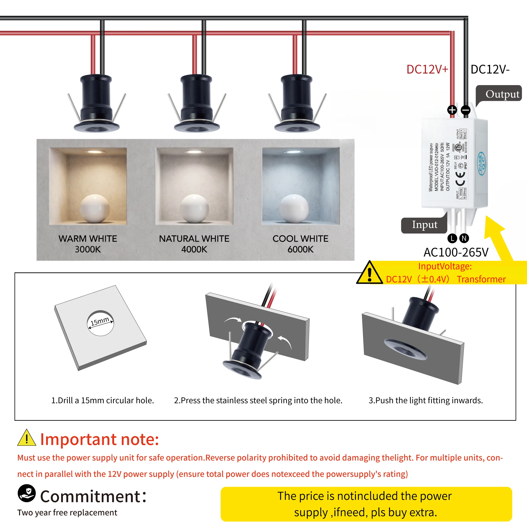 Mini LED Spotlight, Ceiling Lamp,Dimmable Downlight,  Small Recessed Downlight for Showcase Lighting, IP65,1W DC12V, Cutout 15mm