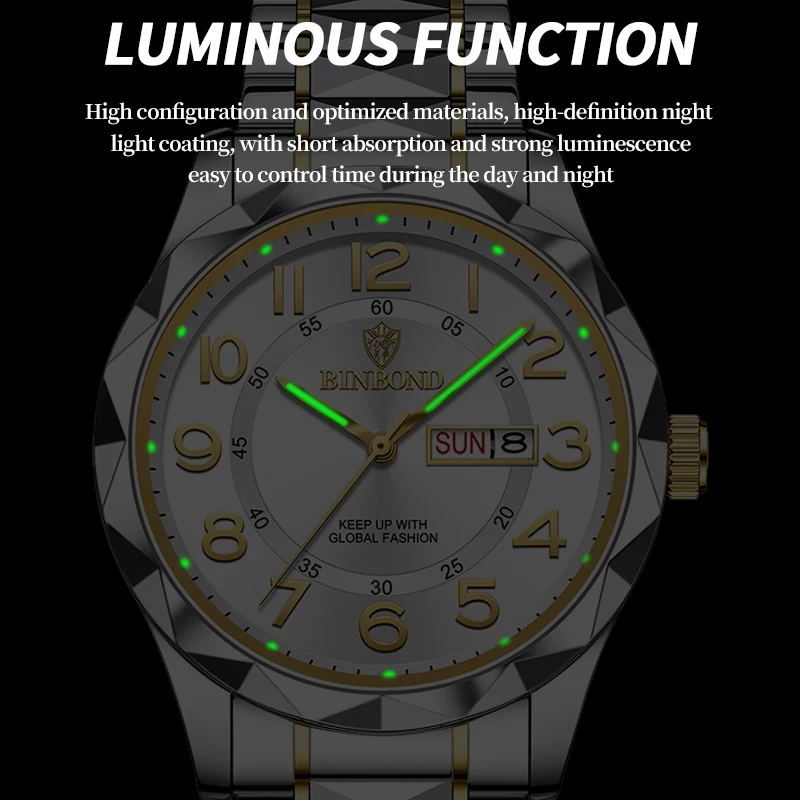 BINBOND-reloj de pulsera de lujo para hombre, cronógrafo de cuarzo, de acero inoxidable, resistente al agua, luminoso, con fecha y semana