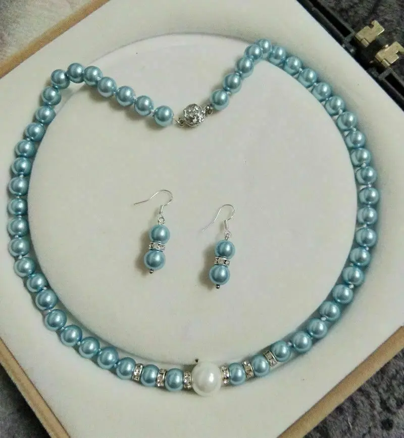 

Long 18" 8MM Light blue South Sea Shell Pearl necklace earrings set